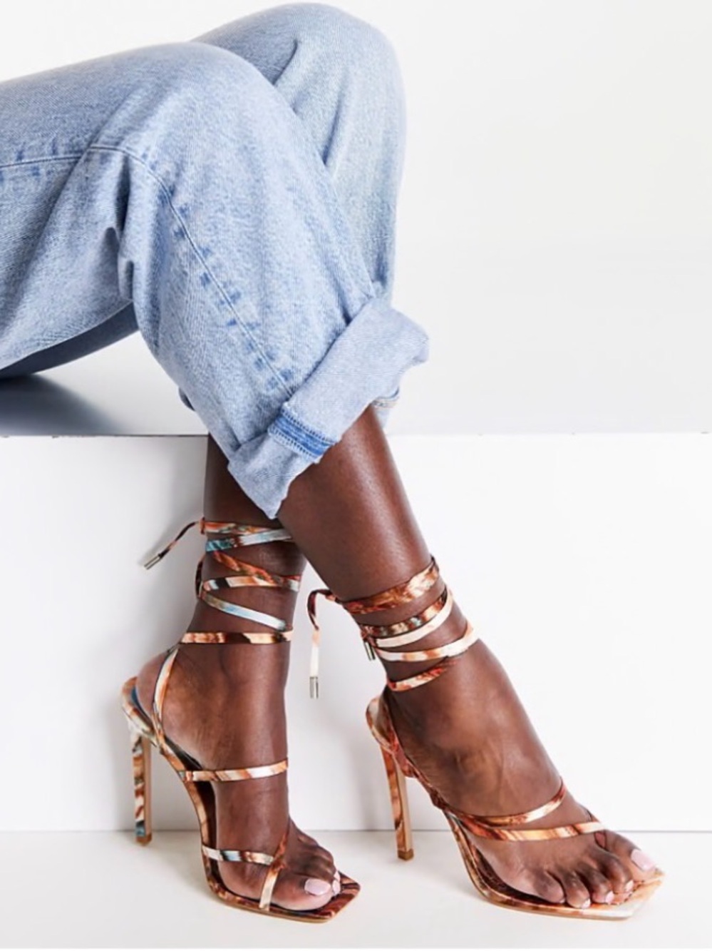 Simmi London Tidal heeled sandals with ankle tie in multi